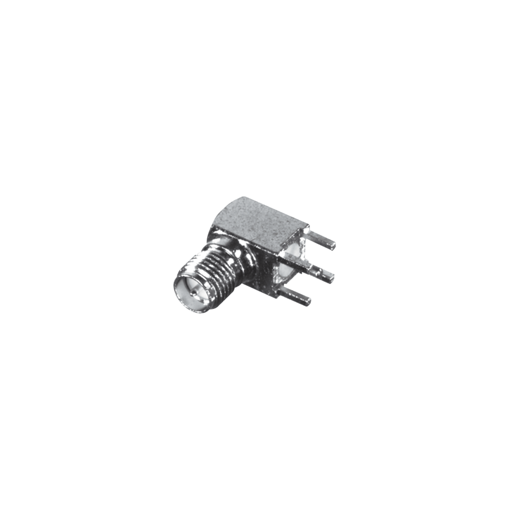 RF INDUSTRIES,LTD, RP-3300-1, Conector SMA Hembra Inverso en Ángulo Recto con PIN Terminal y 4 Patas para Montaje PCB Coaxial, O