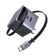 UGREEN, 65821, Cargador Rápido UGREEN 45W GaN / Cable Retráctil 0.7m / 3 Puertos USB-C + USB-A / Tecnología GaNInfinity 95% Efic