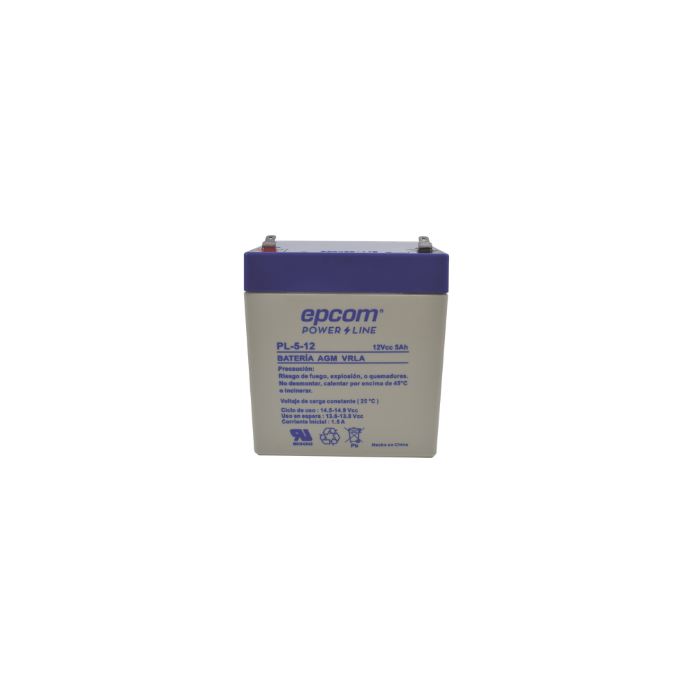 EPCOM POWERLINE, PL512, Batería 12 Vcc / 5 Ah / UL / Tecnología AGM-VRLA / Para uso en equipo electrónico Alarmas de intrusión /