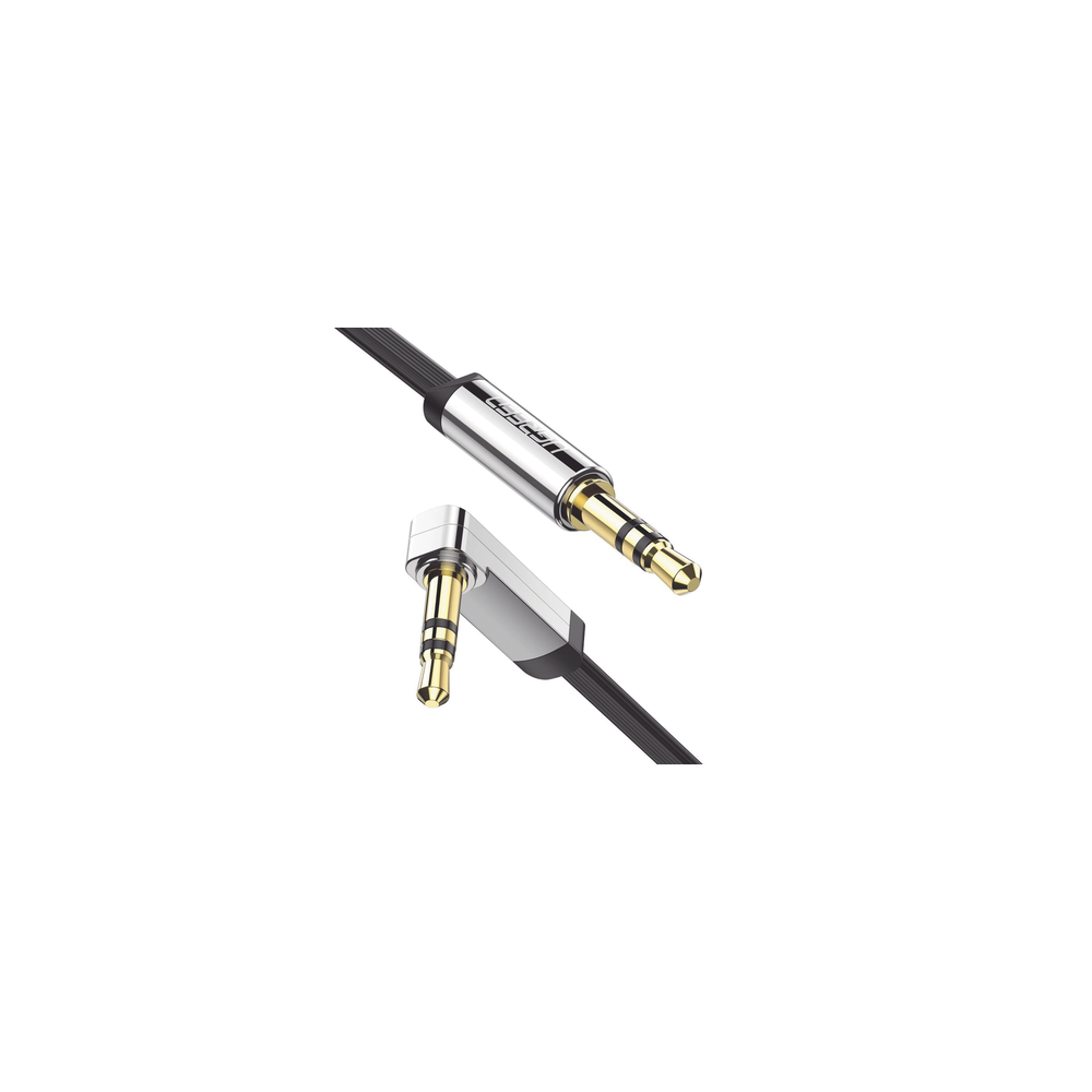 UGREEN, 10599, Cable Auxiliar Plano 2 Metros / Conector 3.5mm a 3.5mm / Macho-Macho / Recto a Angulo / Ángulo de 90° en una de s